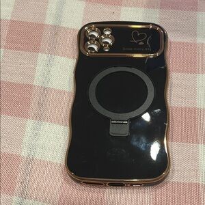 Iphone 11 pro max Black Gloss Phone Case with Gold Trim and Ring Holder